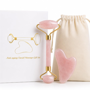 Rose Quartz Jade Roller & Gua Sha Set – Facial Massage & Skincare Tools with Storage Bag