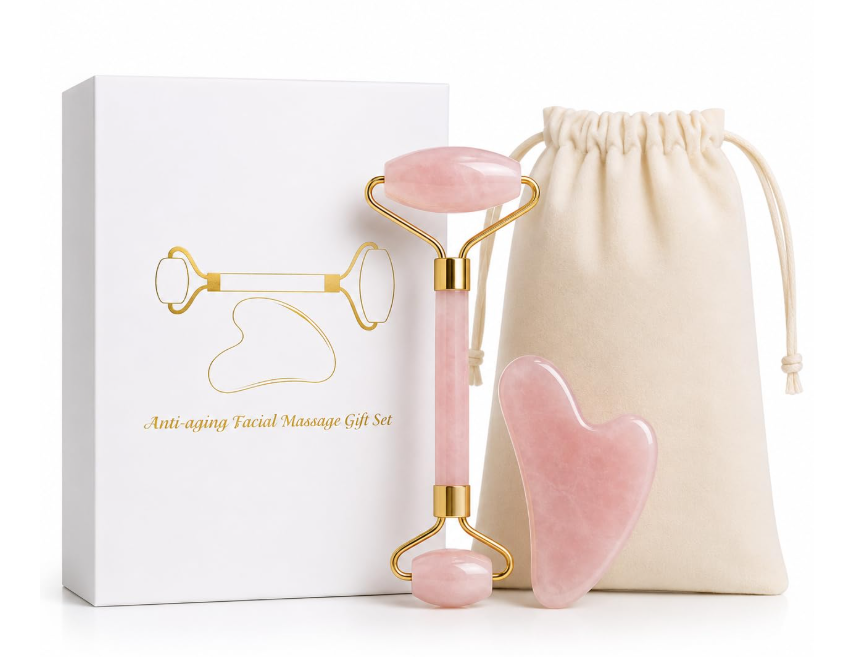 Rose Quartz Jade Roller & Gua Sha Set – Facial Massage & Skincare Tools with Storage Bag