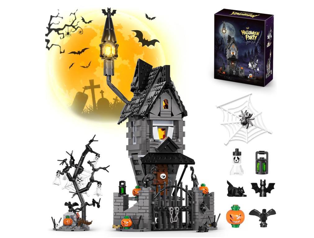 Halloween Haunted Mansion Building Set – Light-Up Haunted House with Glow-in-the-Dark Pumpkins, Skeletons & Ghosts
