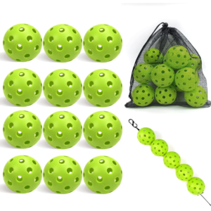 12-Pack Pickleball Balls with Mesh Bag & Ball Stringer – 40-Hole Outdoor Pickleball Practice Balls