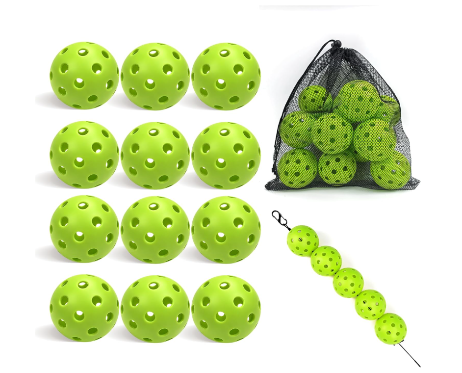 12-Pack Pickleball Balls with Mesh Bag & Ball Stringer – 40-Hole Outdoor Pickleball Practice Balls