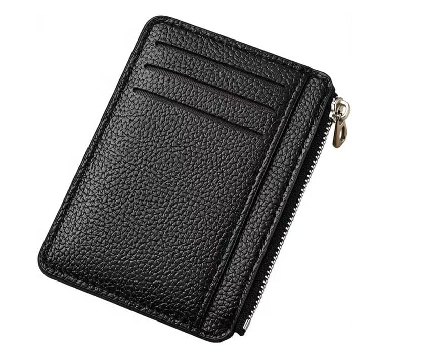 Ultra-Thin Synthetic Leather Zipper Card Wallet – 6 Card Slots, Compact Unisex Wallet